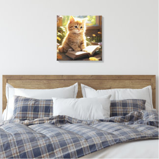 Cute Kitten Reading a Book Canvas Print