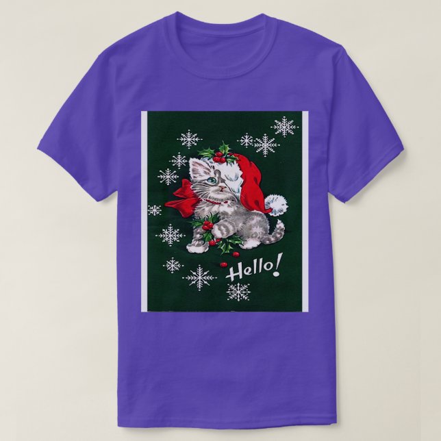 Cute Kitten Red Bow Snowflakes T-Shirt (Design Front)