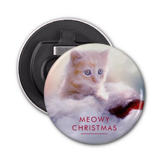 Cute Kitten Resting On a Santa Hat Meowy Christmas Bottle Opener (Front)