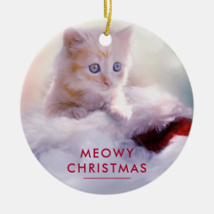 Cute Kitten Resting On a Santa Hat Meowy Christmas Ceramic Tree Decoration