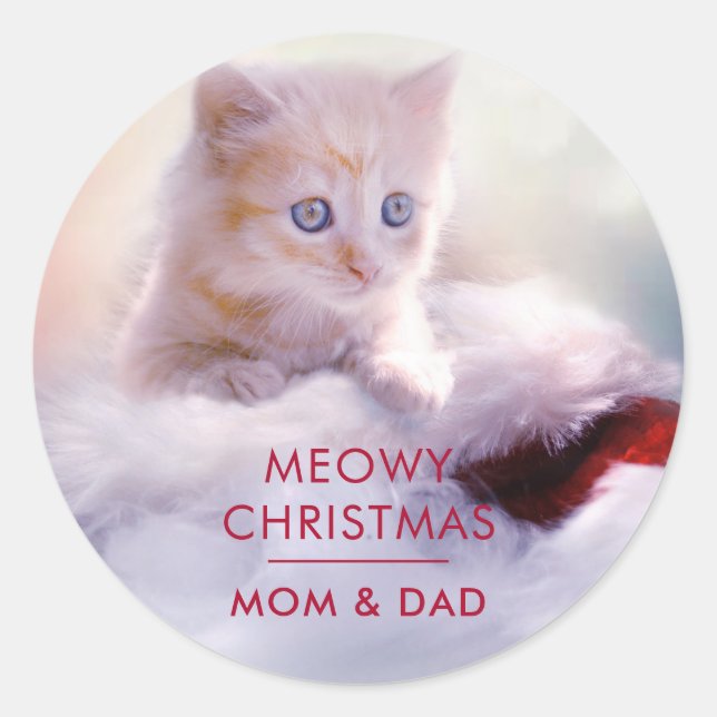 Cute Kitten Resting On a Santa Hat Meowy Christmas Classic Round Sticker (Front)