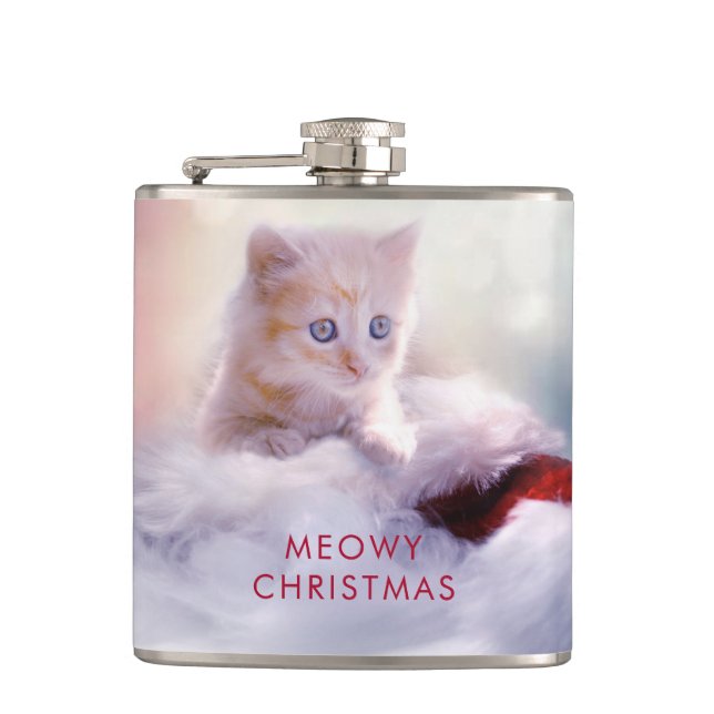 Cute Kitten Resting On a Santa Hat Meowy Christmas Hip Flask (Front)