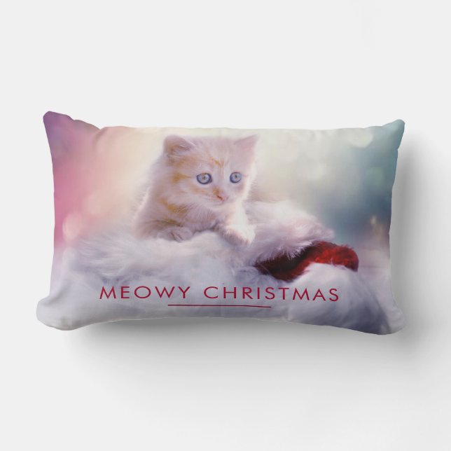 Cute Kitten Resting On a Santa Hat Meowy Christmas Lumbar Cushion (Front)