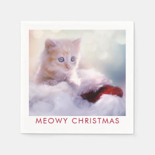 Cute Kitten Resting On a Santa Hat Meowy Christmas Napkin