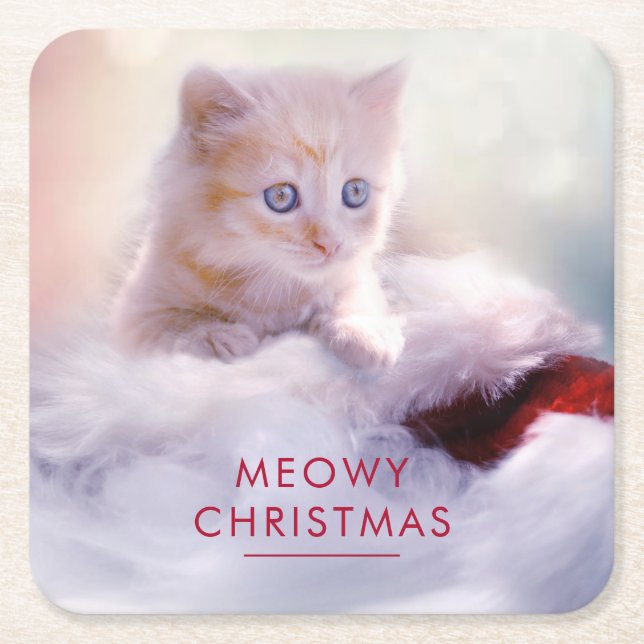 Cute Kitten Resting On a Santa Hat Meowy Christmas Square Paper Coaster (Front)
