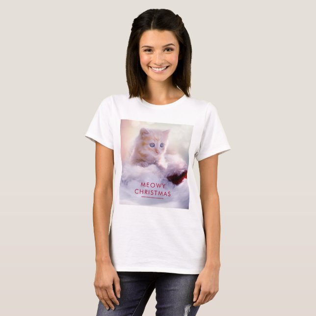 Cute Kitten Resting On a Santa Hat Meowy Christmas T-Shirt (Front Full)