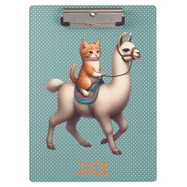 Cute Kitten Riding Fluffy Llama Personalised Name Clipboard (Front)