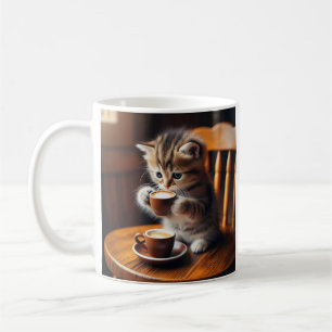 Cute kitten sitting on a chair drinking coffee. coffee mug