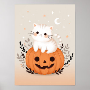 Cute Kitten Sitting On Pumpkin Modern Halloween  Poster