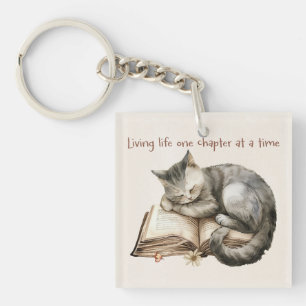 Cute Kitten Sleeping on Open Book Gift Key Ring