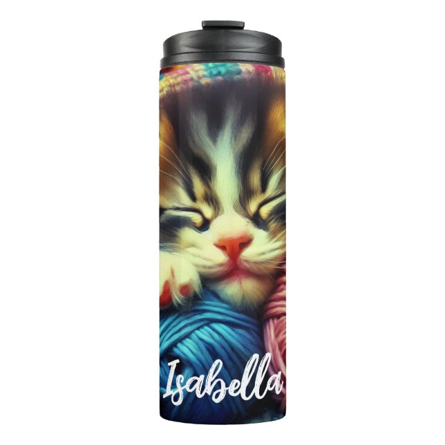 Cute Kitten Sleeping under a Blanket Personalised Thermal Tumbler (Front)