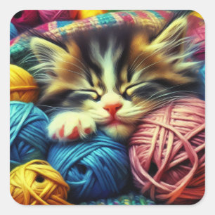 Cute Kitten Sleeping under a Blanket Square Sticker