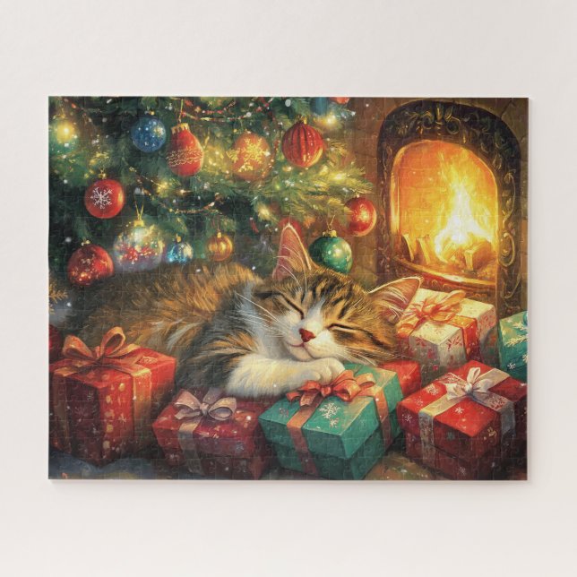 Cute kitten sleeping under a Christmas tree Jigsaw Puzzle (Horizontal)