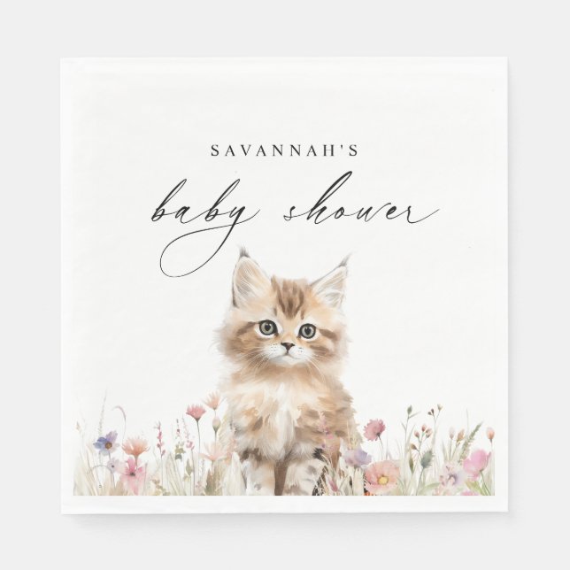 Cute Kitten | Spring Floral Cat Theme Baby Shower Napkin (Front)