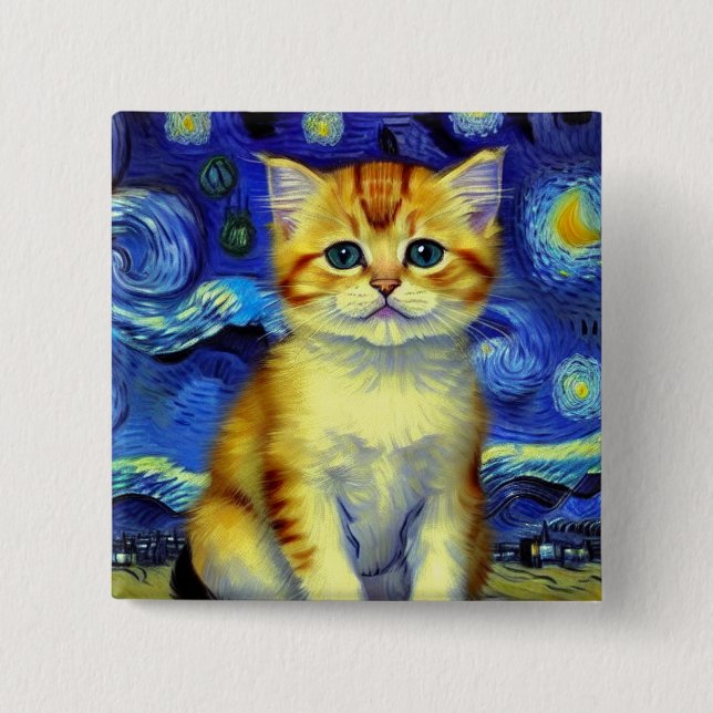 Cute Kitten Starry Night Van Gogh 15 Cm Square Badge (Front)