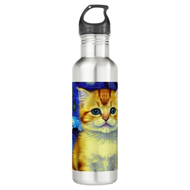 Cute Kitten Starry Night Van Gogh 710 Ml Water Bottle (Front)