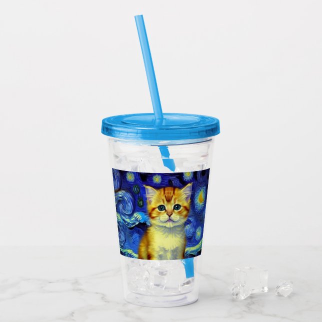Cute Kitten Starry Night Van Gogh Acrylic Tumbler (Front Ice)