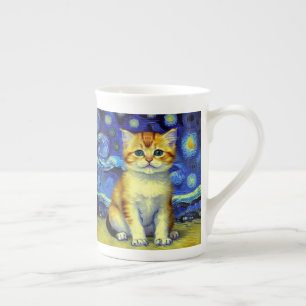 Cute Kitten Starry Night Van Gogh Bone China Mug