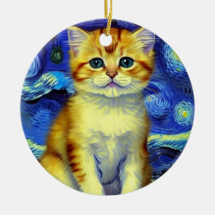 Cute Kitten Starry Night Van Gogh Ceramic Tree Decoration