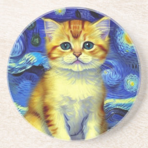 Cute Kitten Starry Night Van Gogh Coaster