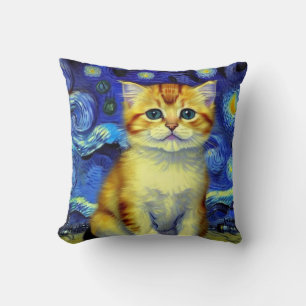Cute Kitten Starry Night Van Gogh Cushion