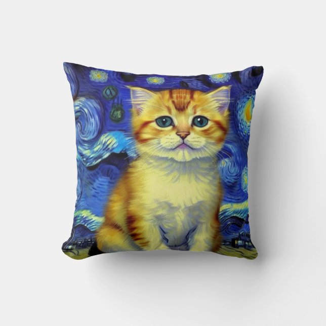 Cute Kitten Starry Night Van Gogh Cushion (Front)