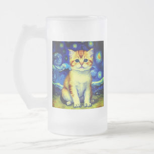 Cute Kitten Starry Night Van Gogh Frosted Glass Beer Mug
