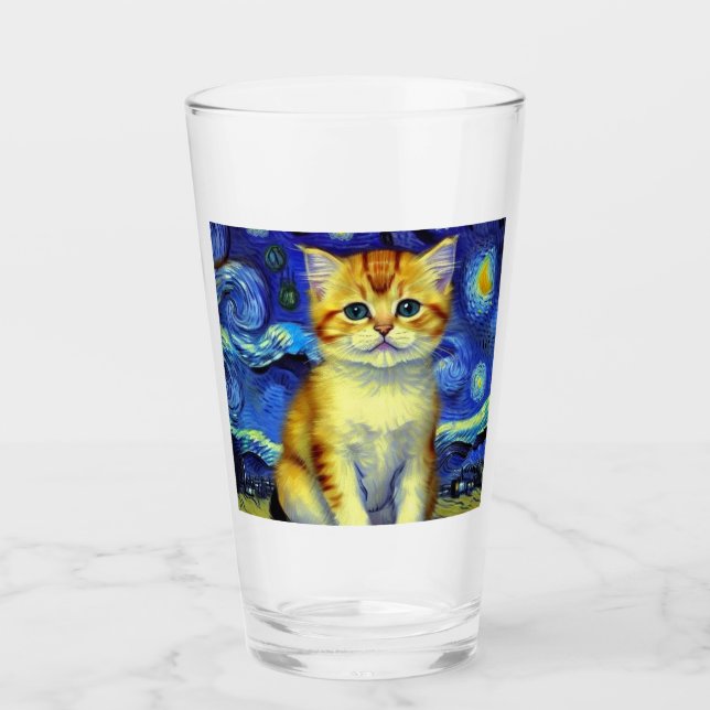 Cute Kitten Starry Night Van Gogh Glass (Front)
