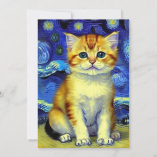 Cute Kitten Starry Night Van Gogh Invitation