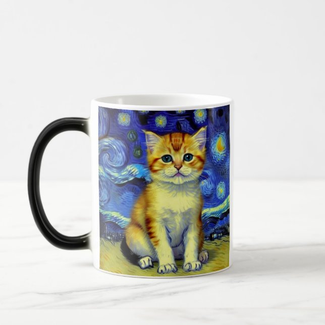 Cute Kitten Starry Night Van Gogh Magic Mug (Left)