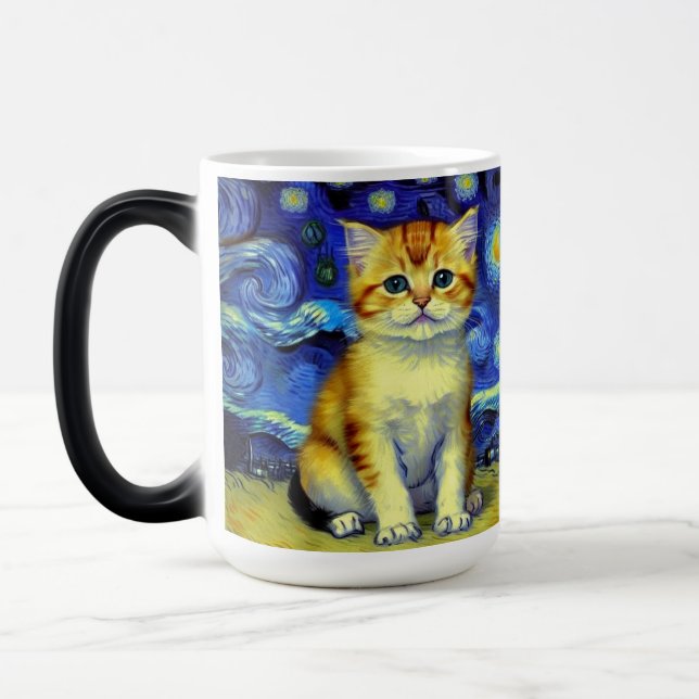 Cute Kitten Starry Night Van Gogh Magic Mug (Left)