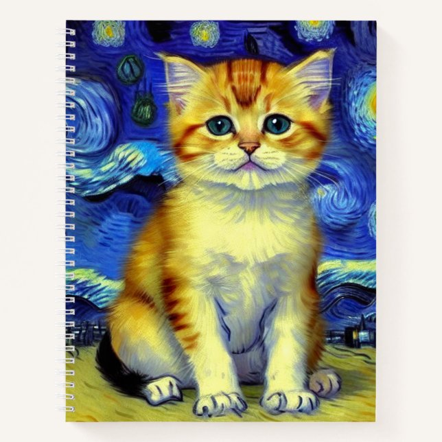 Cute Kitten Starry Night Van Gogh Notebook (Front)