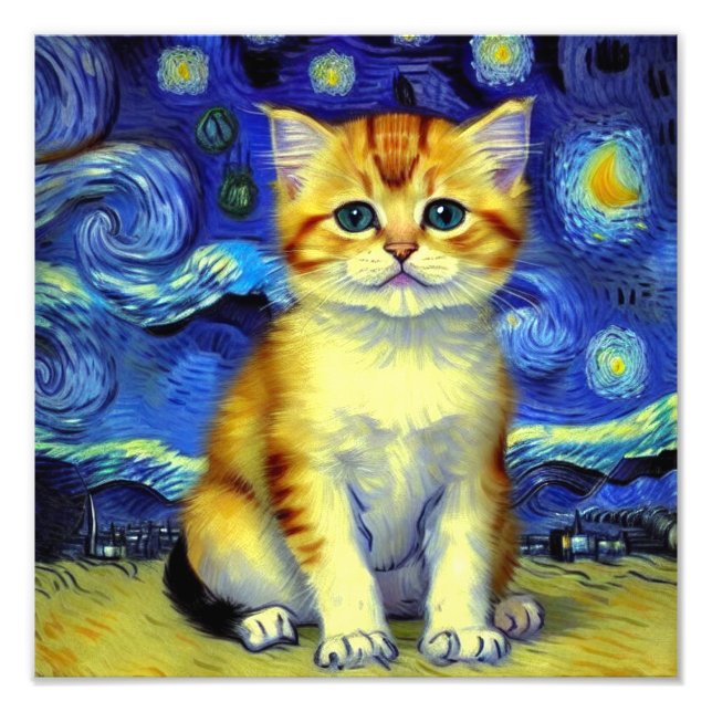 Cute Kitten Starry Night Van Gogh Photo Print (Front)