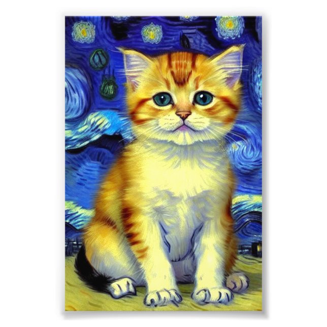 Cute Kitten Starry Night Van Gogh Photo Print (Front)