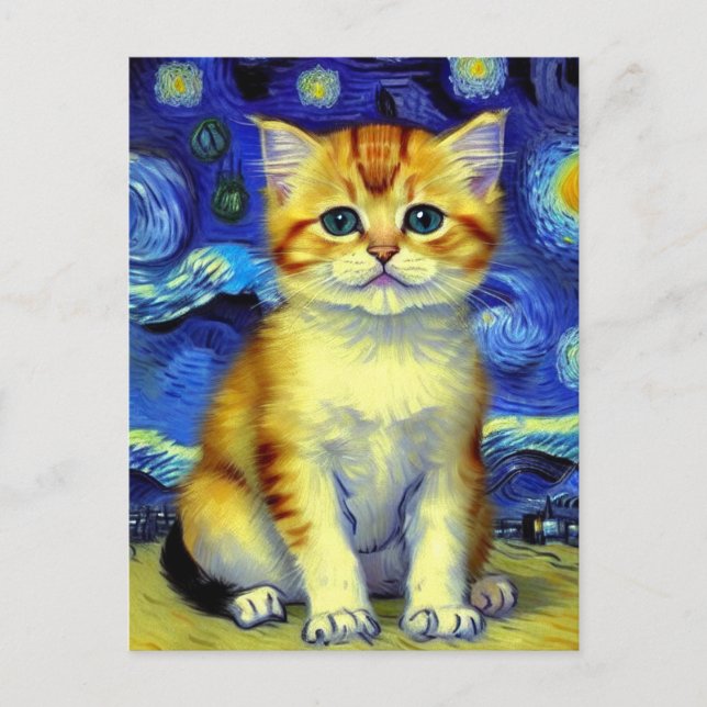 Cute Kitten Starry Night Van Gogh Postcard (Front)