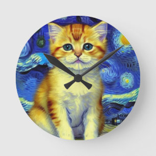 Cute Kitten Starry Night Van Gogh Round Clock