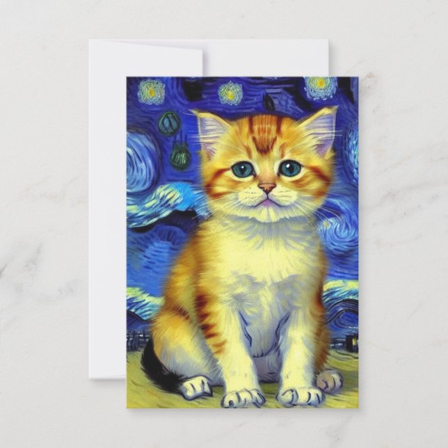Cute Kitten Starry Night Van Gogh RSVP Card (Front)