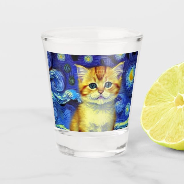 Cute Kitten Starry Night Van Gogh Shot Glass (Front)