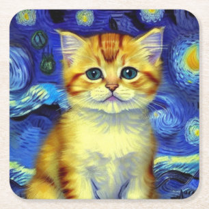 Cute Kitten Starry Night Van Gogh Square Paper Coaster
