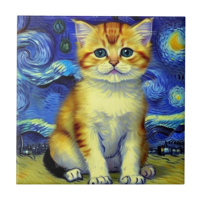 Cute Kitten Starry Night Van Gogh Tile (Front)