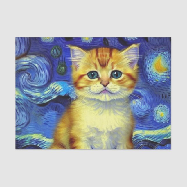 Cute Kitten Starry Night Van Gogh Tissue Paper (Front)