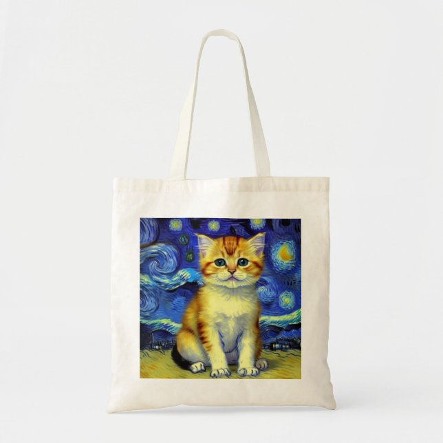Cute Kitten Starry Night Van Gogh Tote Bag (Front)