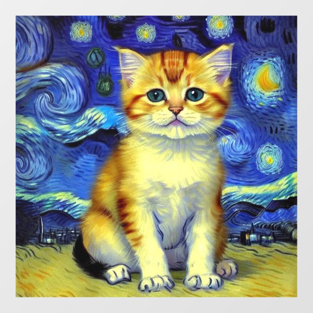 Cute Kitten Starry Night Van Gogh Window Cling (Sheet)