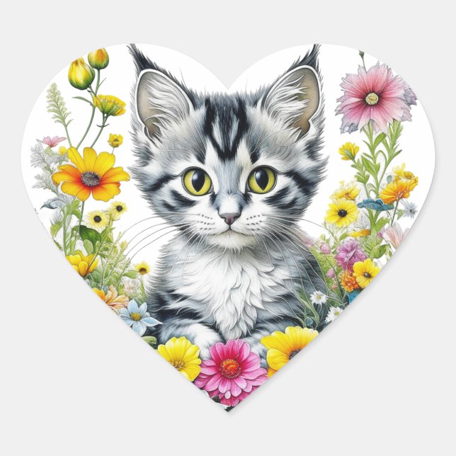 Cute Kitten Surrounded by Flowers   Heart Sticker (Front)