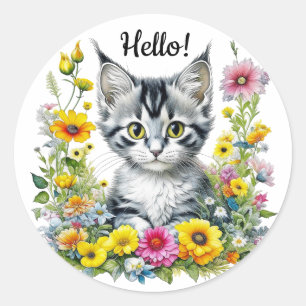 Cute Kitten Surrounded by Flowers Hello Classic Round Sticker