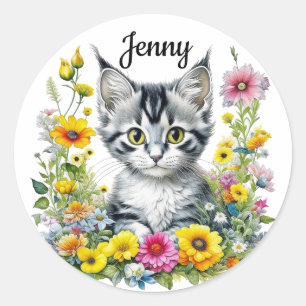 Cute Kitten Surrounded by Flowers Personalised Classic Round Sticker
