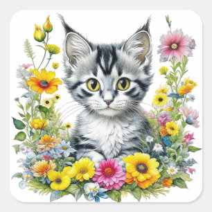 Cute Kitten Surrounded by Flowers Square Sticker