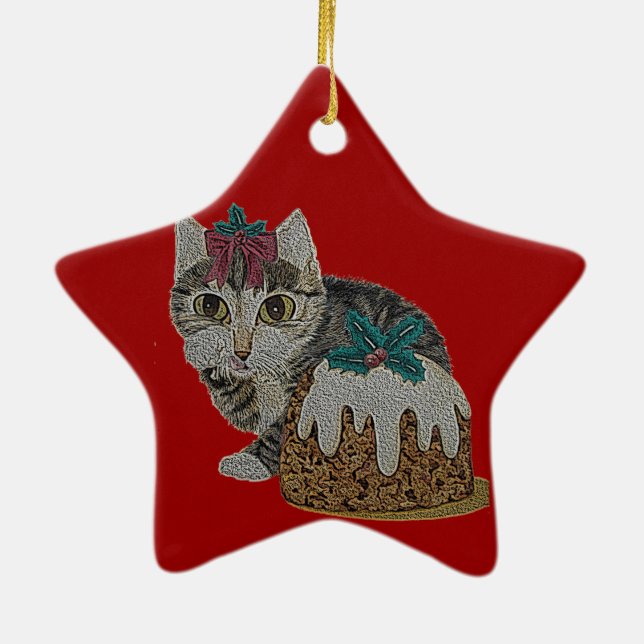 cute kitten tabby cat eating pudding at christmas ceramic tree decoration (Back)
