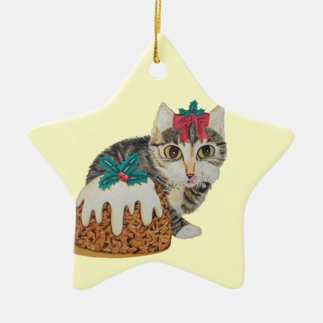 cute kitten tabby cat eating pudding at christmas ceramic tree decoration (Front)