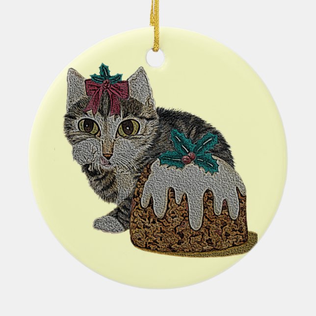 cute kitten tabby cat eating pudding at christmas ceramic tree decoration (Back)